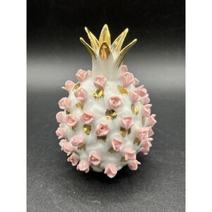 Vtg 1950s Lefton Porcelain Pineapple 3D‎ Pink Roses Salt Pepper Shaker Figurine